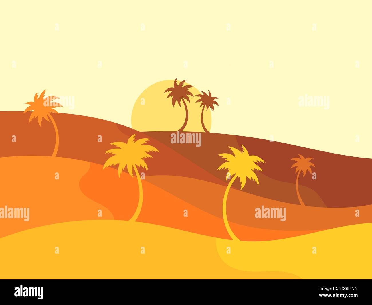 Desert landscape with palm trees and sand dunes. Silhouettes of palm ...