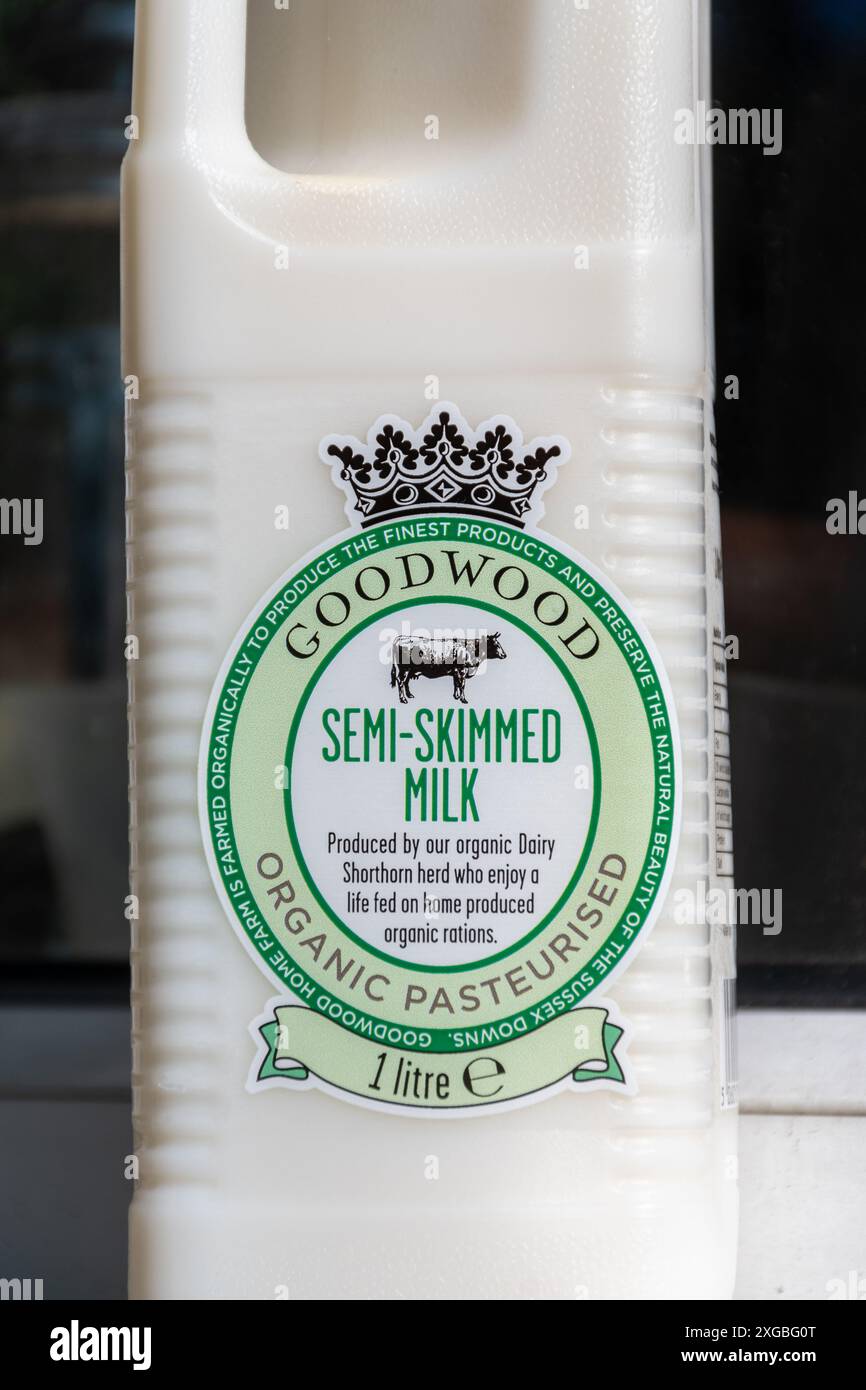 Organic semi-skimmed milk in plastic bottle from the Goodwood Estate ...