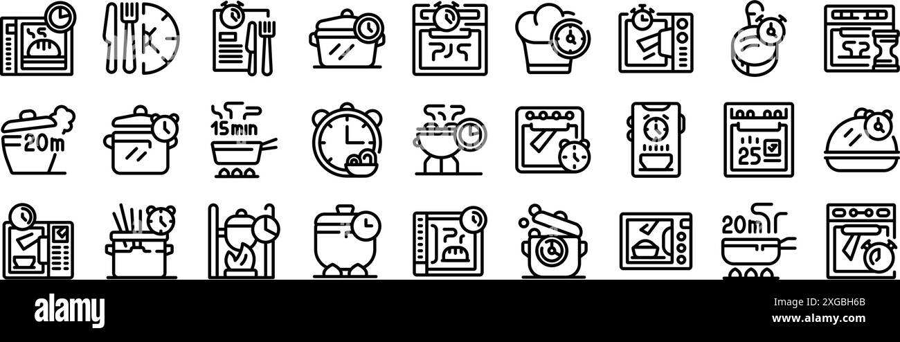 Cook time icons set. Chefs cooking food using different kitchen timers ...