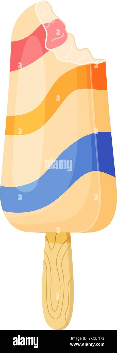Bitten Fruit Ice cream on wooden stick. Colorful cold summer dessert with wavy stripes. Frozen juice Hand drawn flat style isolated, cheerful and summery appearance. Vector illustration Stock Vector