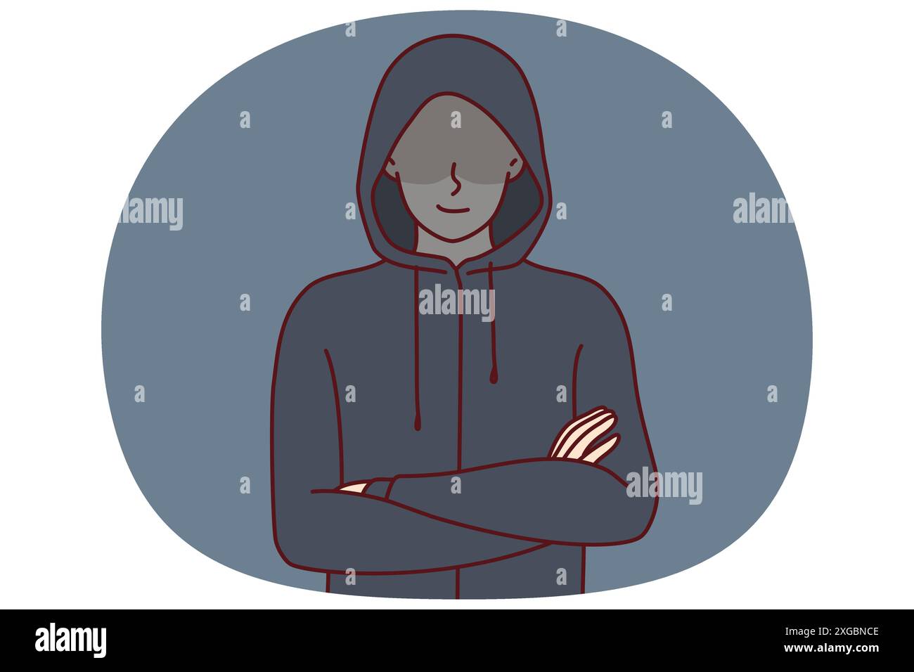 Anonymous man stands with arms crossed and hiding eyes behind hood for concept of secret surveillance or banditry. Anonymous guy hiding face wanting to remain incognito planning illegal activities Stock Vector