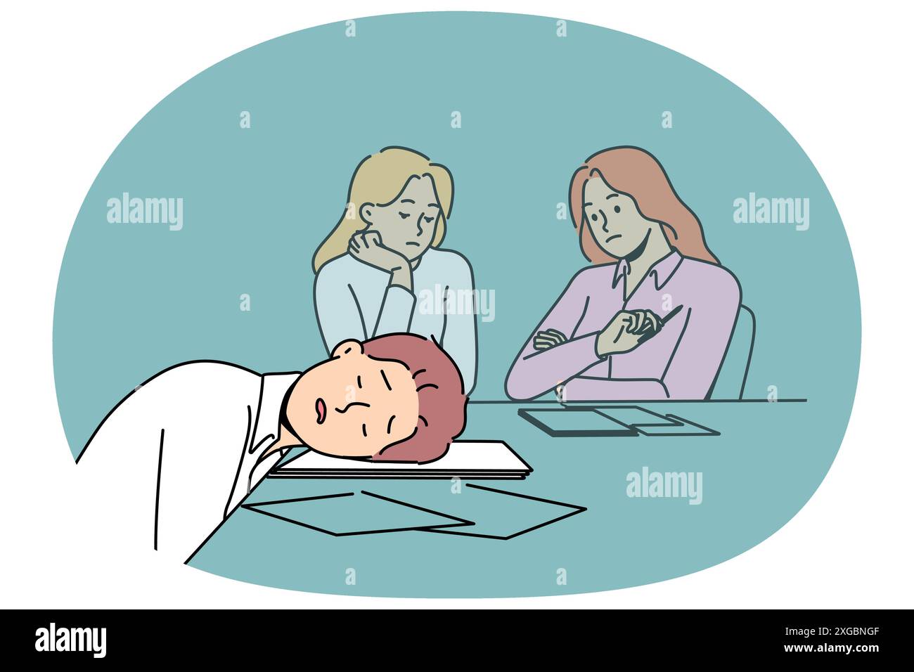 Lazy man sleeps on business meeting due to lack of ambition and motivation to work productively. Lazy guy and colleagues are sitting at table with documents in conference room waiting for boss to come Stock Vector