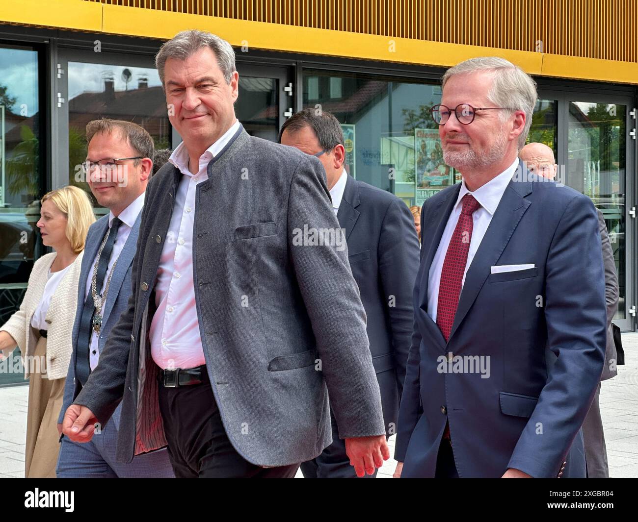 Cham, Germany. 08th July, 2024. Bavaria's Prime Minister Markus Söder (CSU, front left) with Czech Prime Minister Petr Fiala (right) on arrival before the Bavarian-Czech Borderland Congress. Credit: Ute Wessels/dpa/Alamy Live News Stock Photo