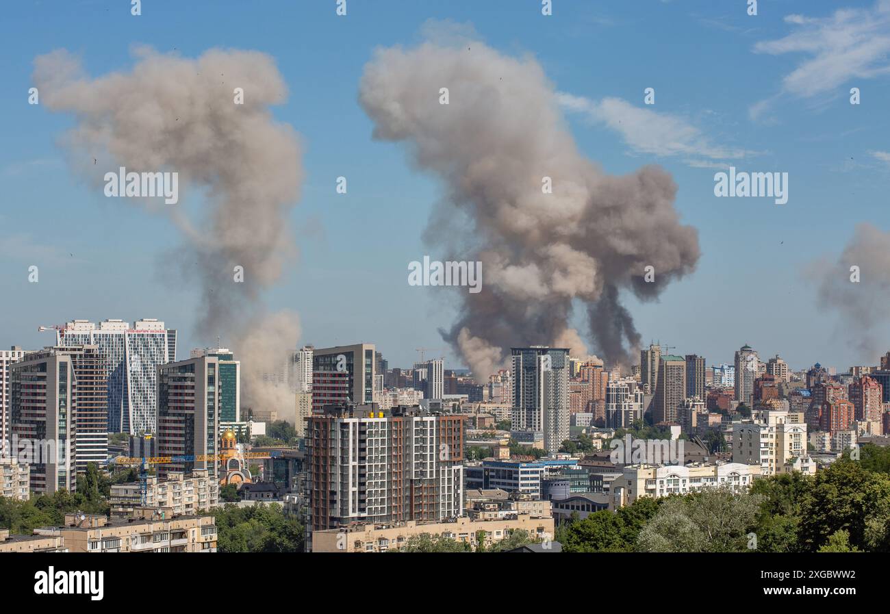 Kyiv, Ukraine on July 08, 2024: Thick smoke from fires rise over the downtown after a Russian missile attack. War in Ukraine. Credit: Panama/Alamy Live News Stock Photo