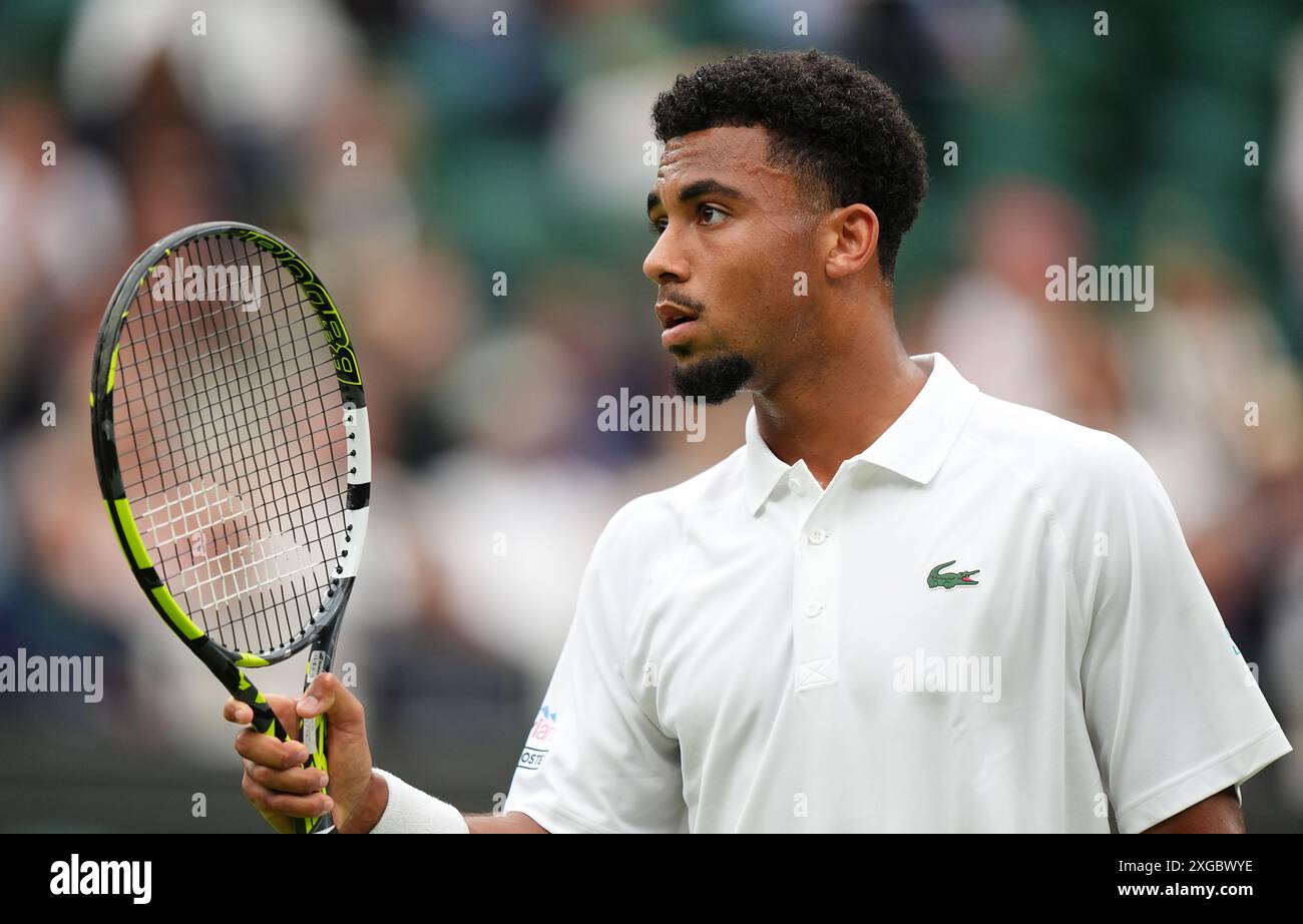 Arthur Fils in action against Alex de Minaur (not pictured) on day eight of the 2024 Wimbledon Championships at the All England Lawn Tennis and Croquet Club, London. Picture date: Monday July 8, 2024. Stock Photo