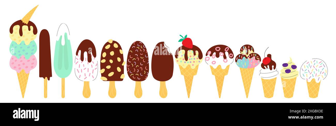 ice cream in waffle cones and popsicles Stock Vector