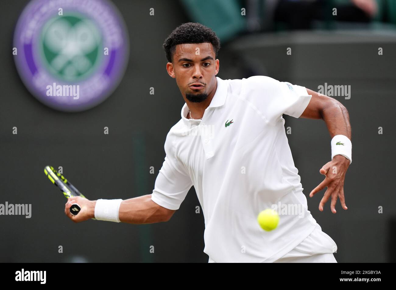 Arthur Fils in action against Alex de Minaur (not pictured) on day eight of the 2024 Wimbledon Championships at the All England Lawn Tennis and Croquet Club, London. Picture date: Monday July 8, 2024. Stock Photo