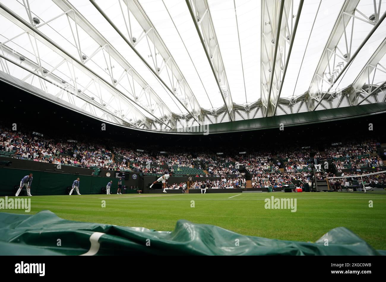 Arthur Fils in action against Alex de Minaur (not pictured) on day eight of the 2024 Wimbledon Championships at the All England Lawn Tennis and Croquet Club, London. Picture date: Monday July 8, 2024. Stock Photo