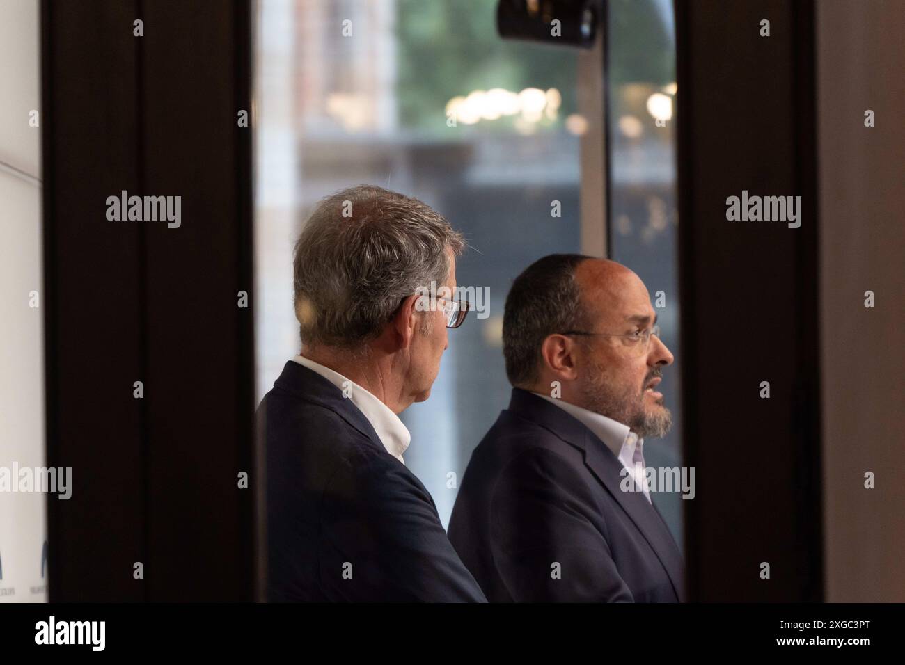 Barcelona, Spain. 08th July, 2024. Alberto Nunez Feijoo holds a press conference in the Parliament of Catalonia after having met with his party inside. Alberto Nœ-ez Feij-o realiza una rueda de prensa en el Parlamento de Catalunya despus de haberse reunido con su partido en el interior. in the pic:Alberto nunez feijoo, Alejandro fernandez News politics -Barcelona, Spain Monday, July 8 2024 (Photo by Eric Renom/LaPresse) Credit: LaPresse/Alamy Live News Stock Photo