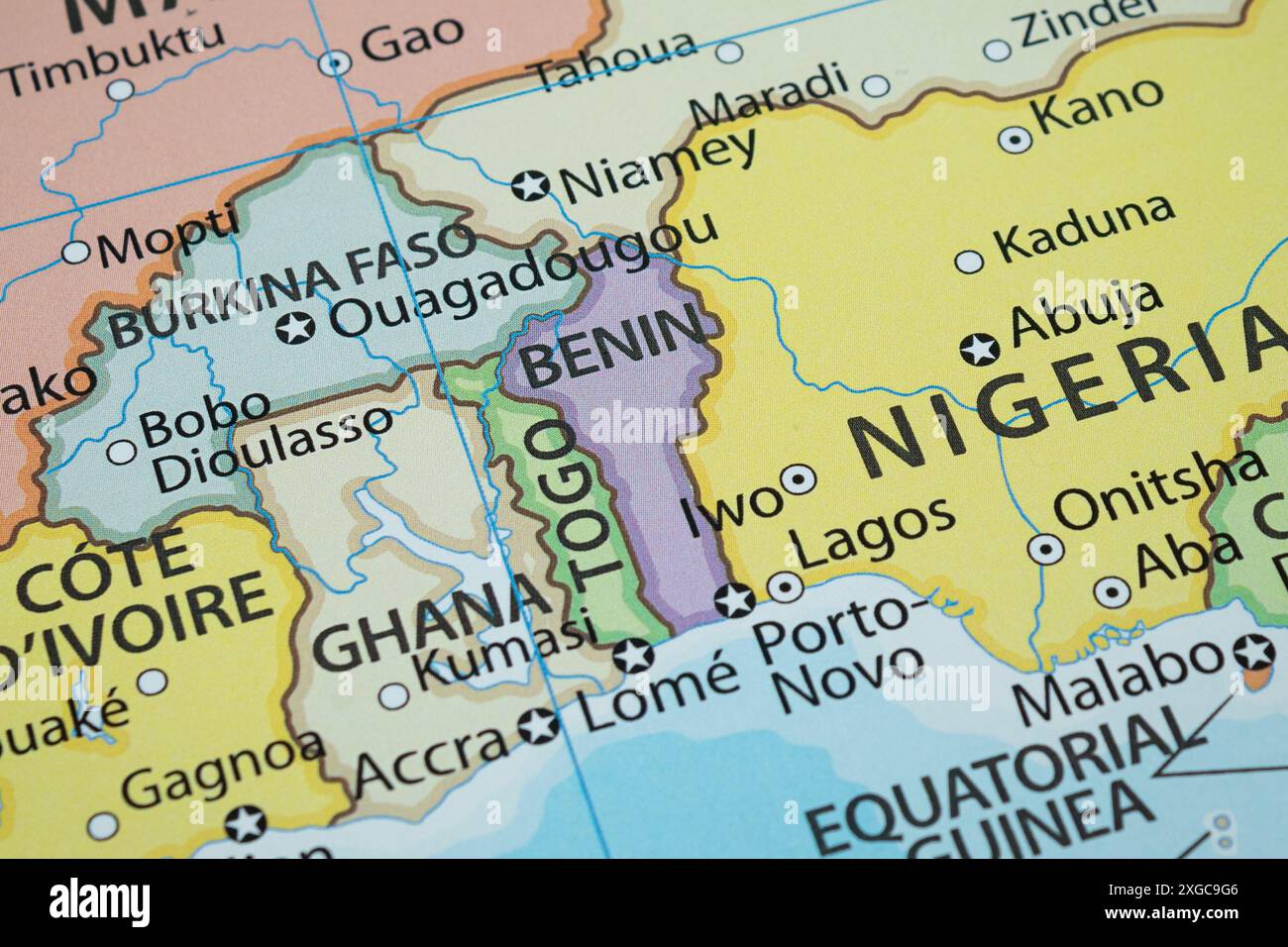 Close up to a Benin political map with country frontiers and most importants cities Stock Photo