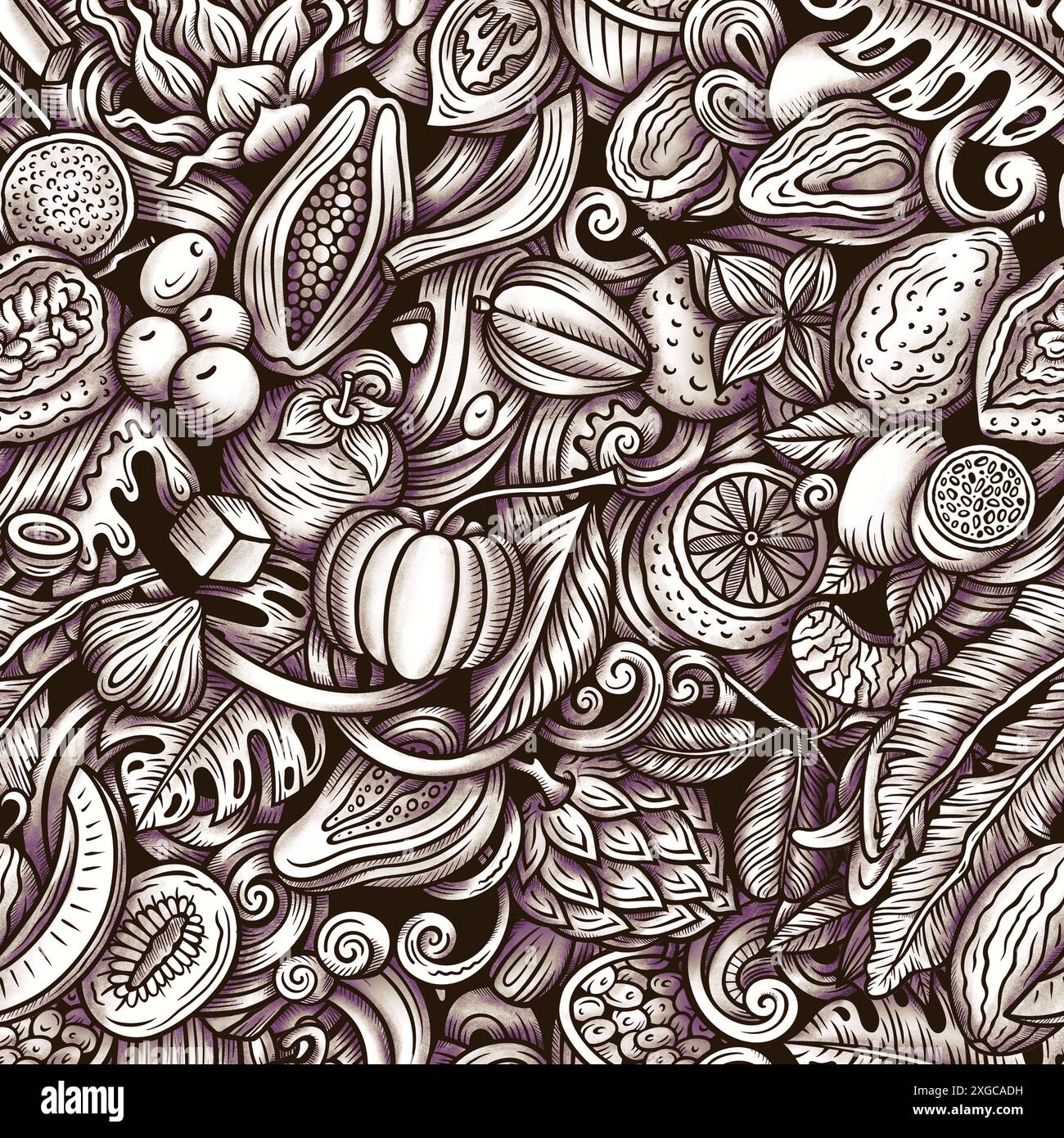 Graphics doodles on the subject of Exotic Fruits seamless pattern features a variety of tropical fruity objects and symbols. Monochrome playful backgr Stock Photo