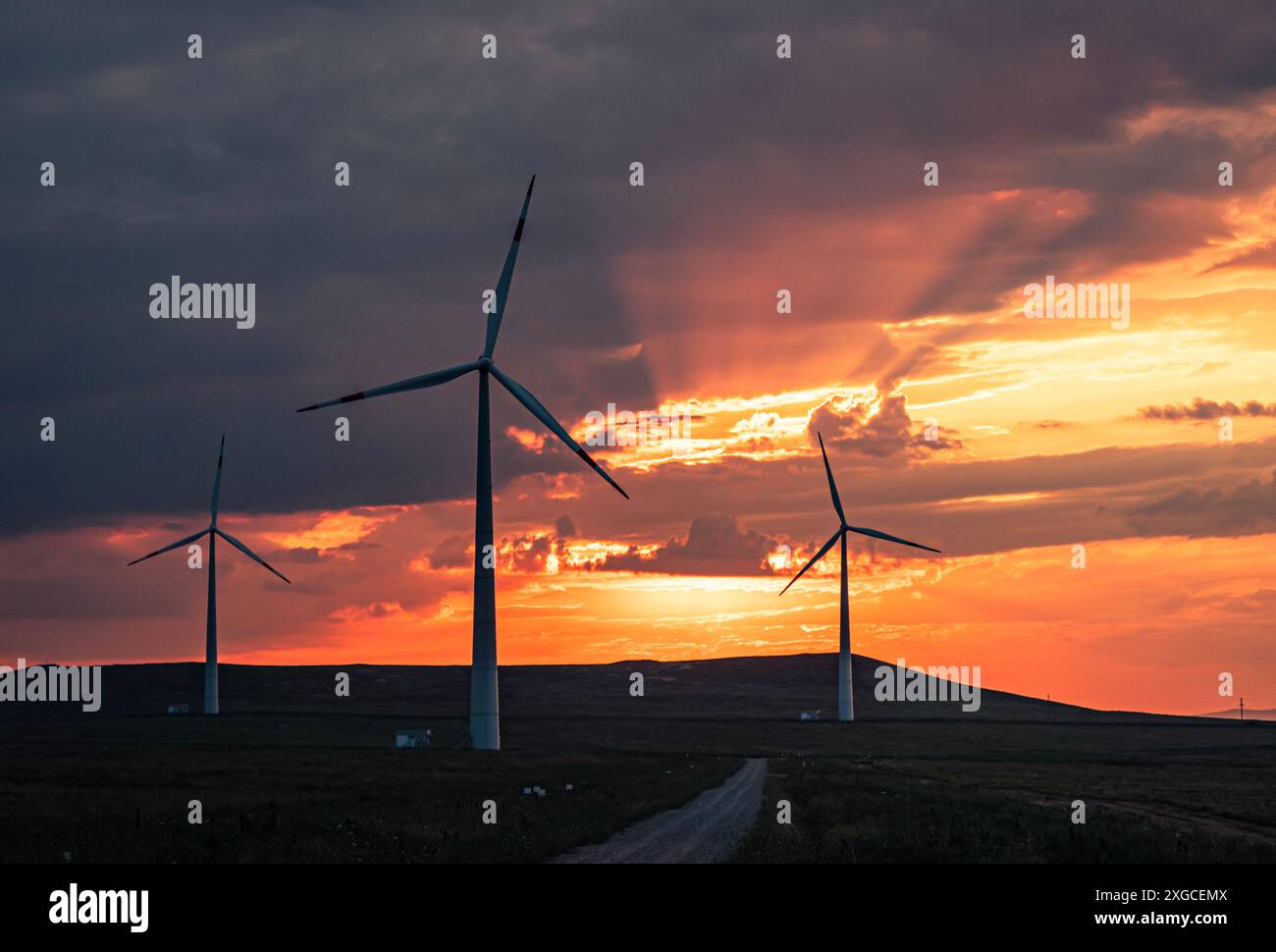 Multiple wind turbines silhouetted against a vibrant sunset sky. The ...