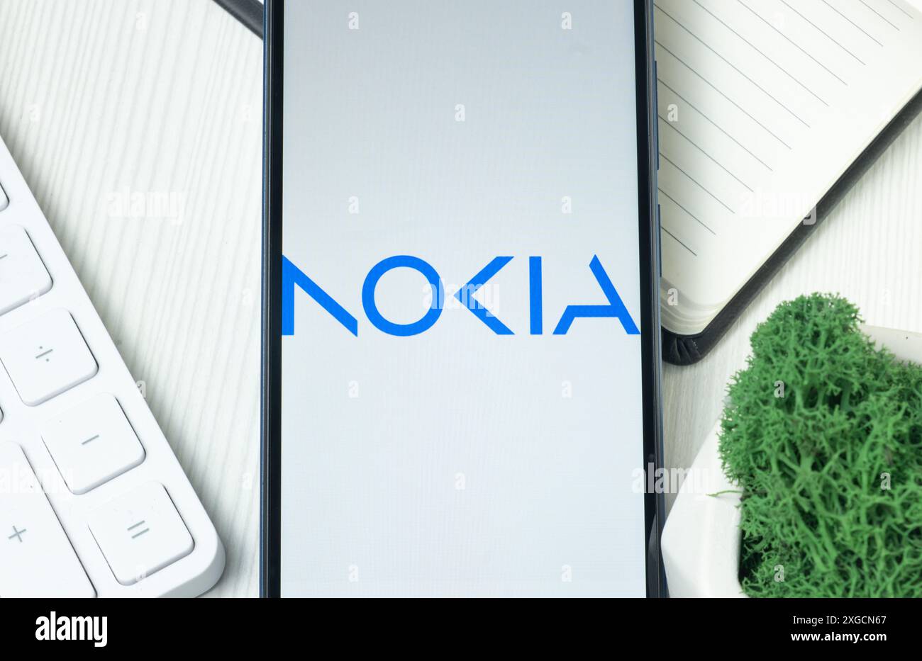 New York, USA - 21 June 2024: Nokia Logo on Phone Screen, Company Icon. Stock Photo