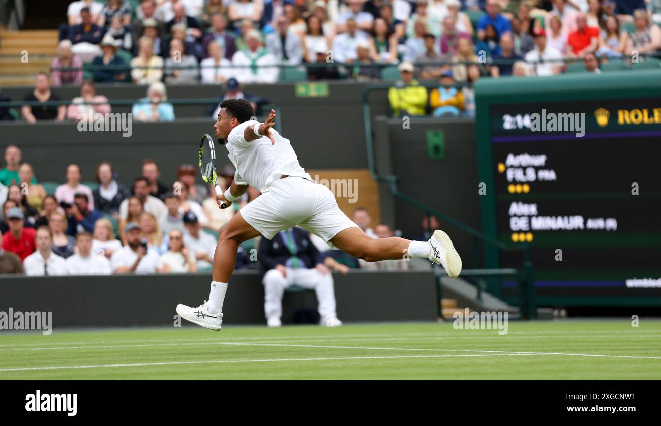 Wimbledon, London, UK. 08th July, 2024. France's Arthur Fils during his fourth round match against Alex De Minaur of Australia at Wimbledon today. Credit: Adam Stoltman/Alamy Live News Stock Photo