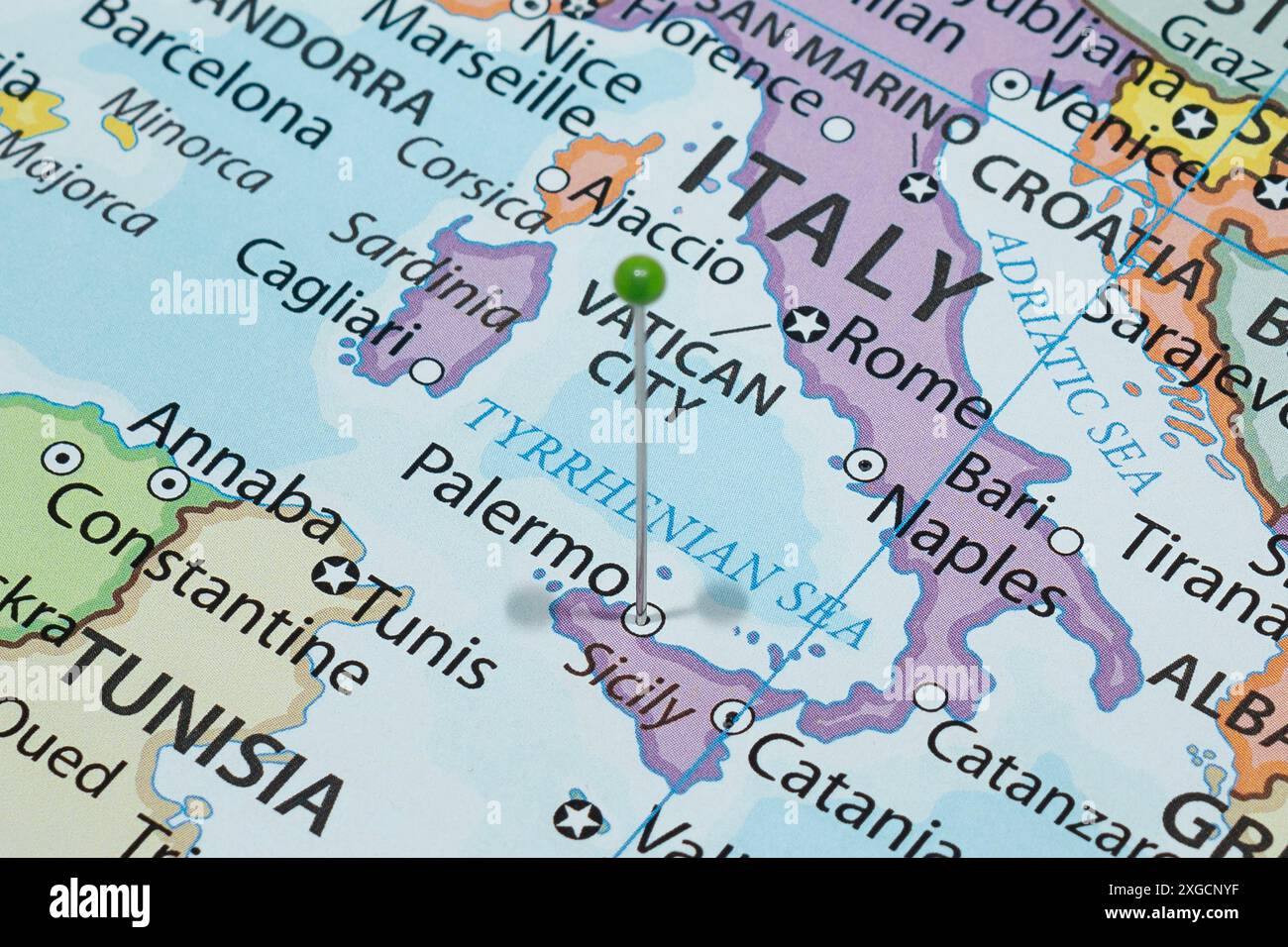 Close Up To A Palermo City With A Green Pin Needle Into Italy Country close-up-to-a-palermo-city-with-a-green-pin-needle-into-italy-country