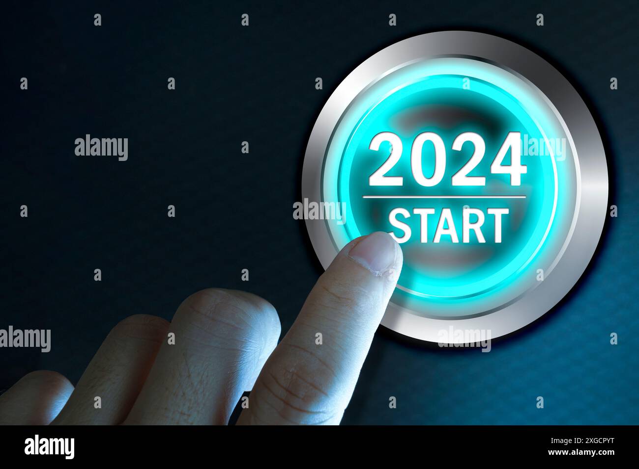 Finger press a car ignition button with 2024 START text inside automobile. New Year New You, forecast, resolution, motivation, change, goal, vision, i Stock Photo