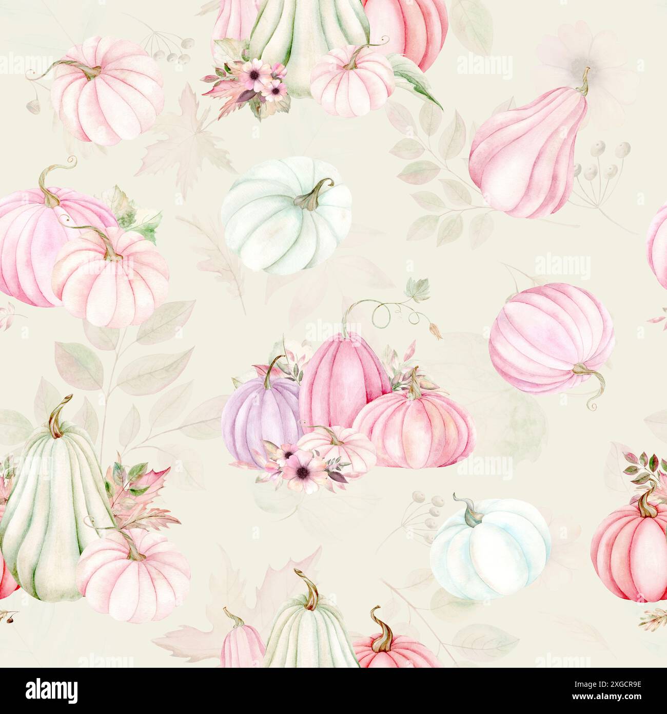 Seamless pattern of pumpkins and fall leaves. Watercolor illustration on white background. The drawing is hand drawn. Suitable for cards, invitations Stock Photo
