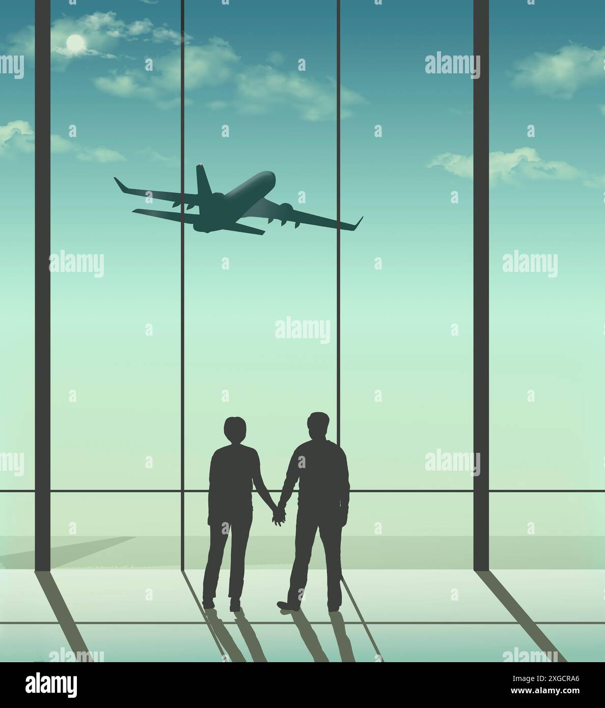 A man and woman hold hands as they watch an airplane carry a loved one, a family member away at an airport in a 3-d illustration. Stock Photo