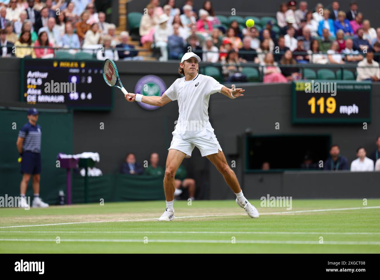 Wimbledon, London, UK. 08th July, 2024. Alex De Minaur of Australia during his fourth round match against France's Arthur Fils at Wimbledon today. Credit: Adam Stoltman/Alamy Live News Stock Photo