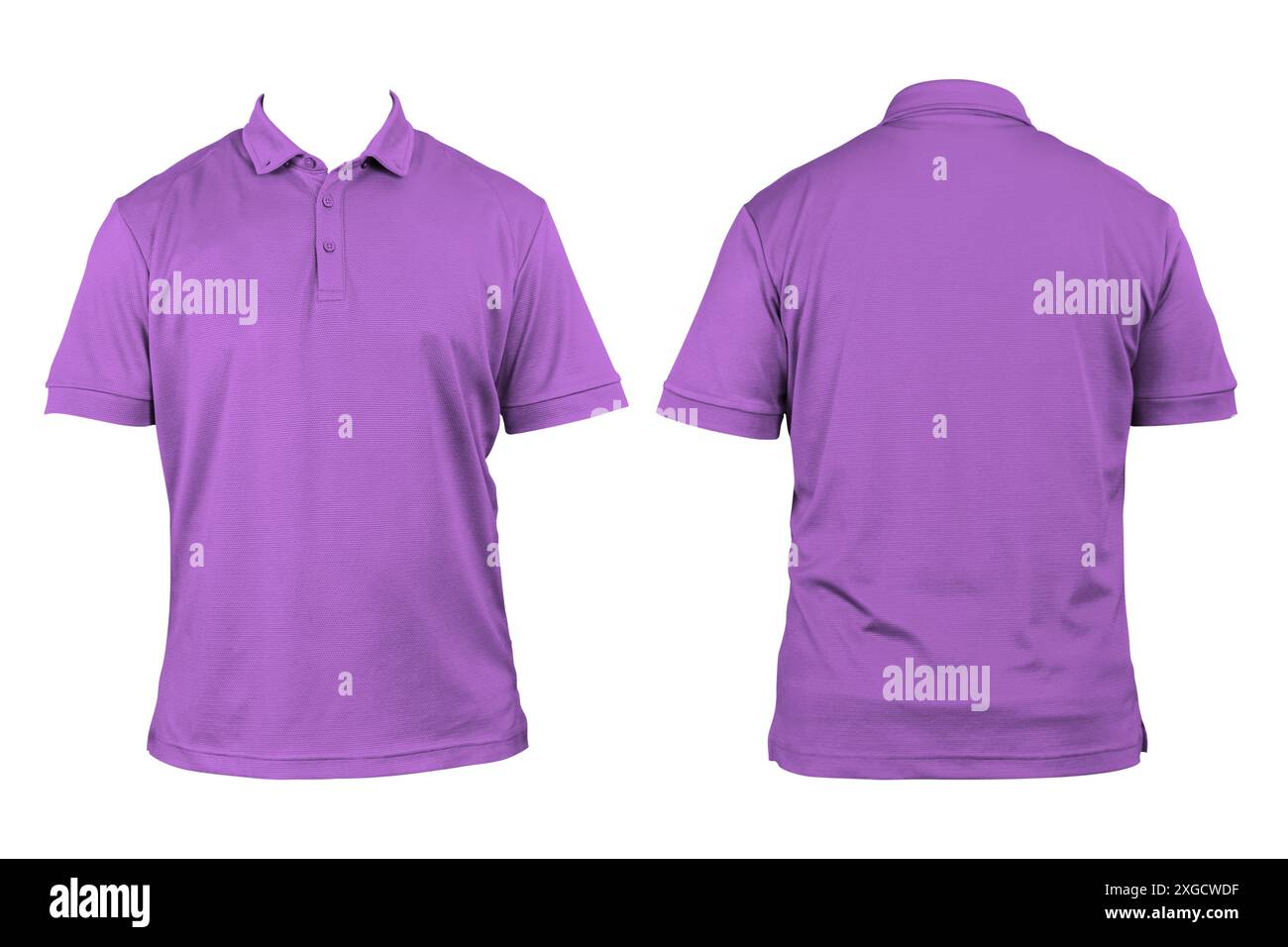 Blank clothing for design. Purple polo shirt, clothing on isolated white background, front and back view, isolated white, plain t-shirt. Mockup. Print Stock Photo