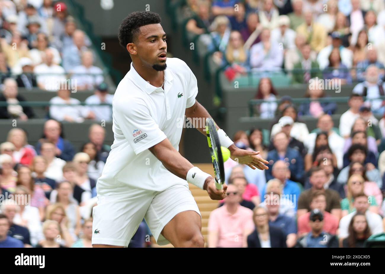 London, UK. 08th July, 2024. France's Arthur Fils plays a forehand in his fourth round match against Australian Alex De Minaur at the 2024 Wimbledon Championships in London on Monday, July 08, 2024. Photo by Hugo Philpott/UPI Credit: UPI/Alamy Live News Stock Photo