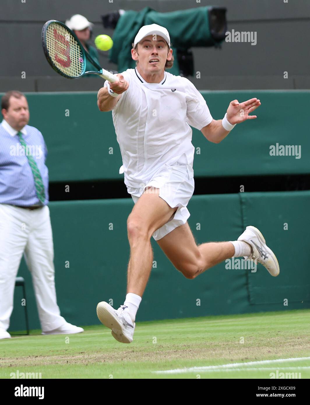 London, UK. 08th July, 2024. Australian Alex De Minaur plays a forehand in his fourth round match against France's Arthur Fils at the 2024 Wimbledon Championships in London on Monday, July 08, 2024. Photo by Hugo Philpott/UPI Credit: UPI/Alamy Live News Stock Photo