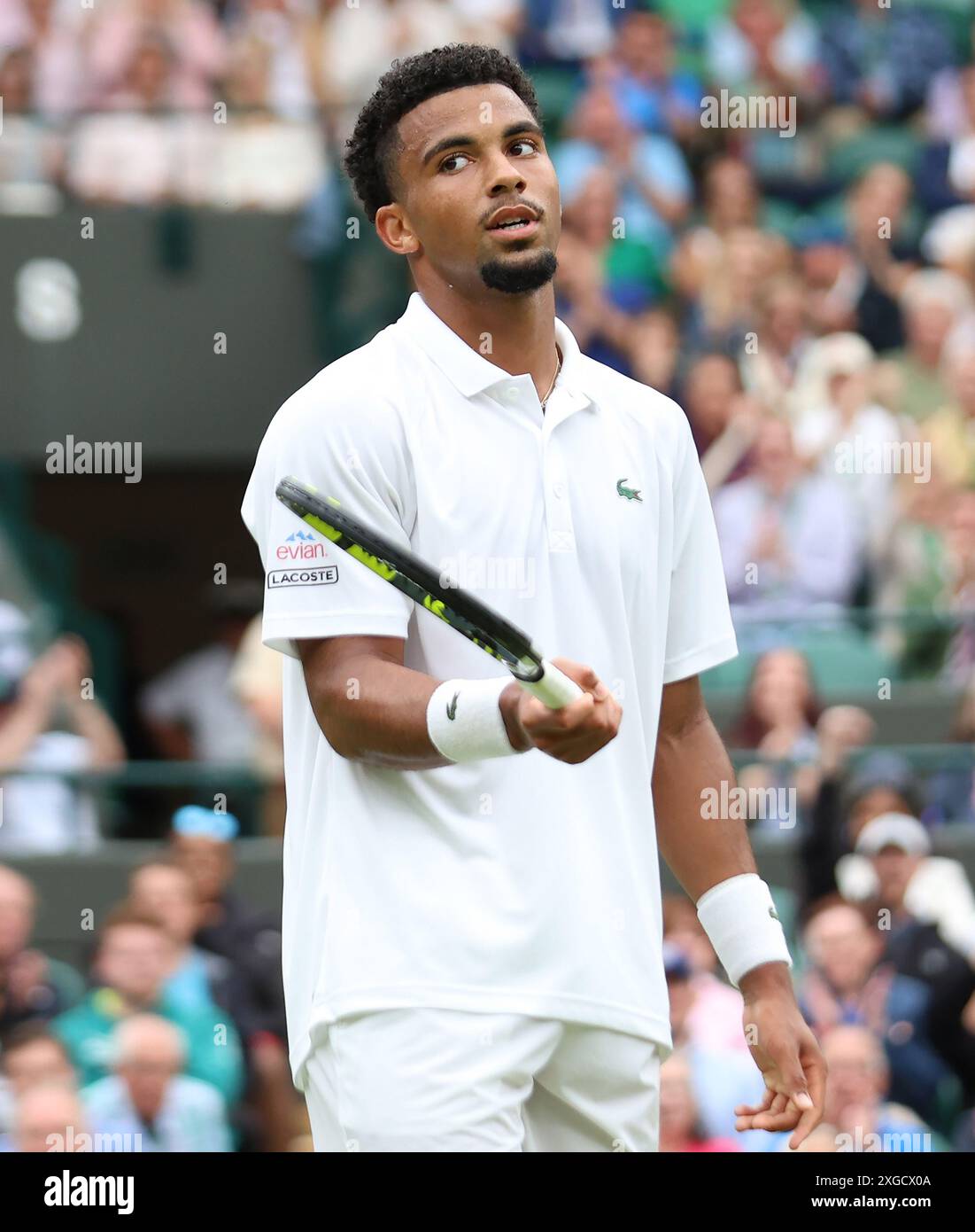 London, UK. 08th July, 2024. France's Arthur Fils reacts to a point in his fourth round match against Australian Alex De Minaur at the 2024 Wimbledon Championships in London on Monday, July 08, 2024. Photo by Hugo Philpott/UPI Credit: UPI/Alamy Live News Stock Photo