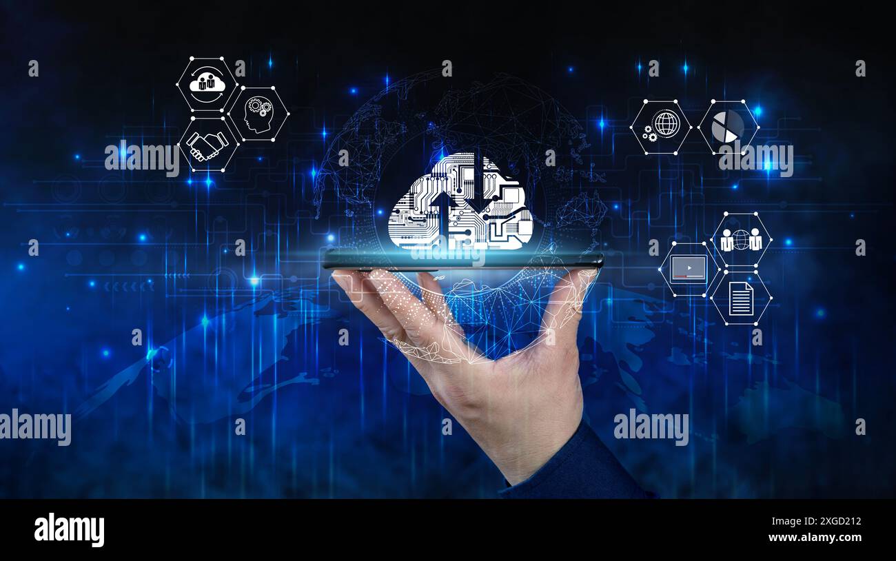 Cloud computing concept, a person's hand uses a smartphone connected to the cloud for data transfer. Mass storage simulation that is virtual in docume Stock Photo