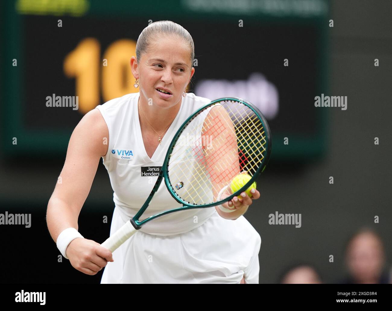 Jelena Ostapenko in action against Yulia Putintseva (not pictured) on day eight of the 2024 Wimbledon Championships at the All England Lawn Tennis and Croquet Club, London. Picture date: Monday July 8, 2024. Stock Photo