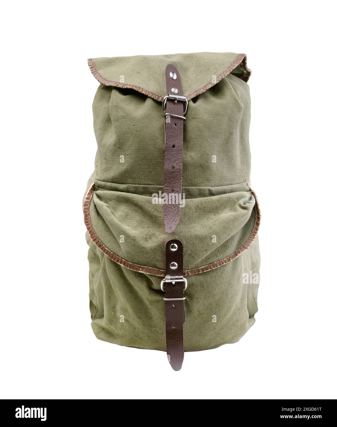Small old military canvas backpack isolated on white. Stock Photo
