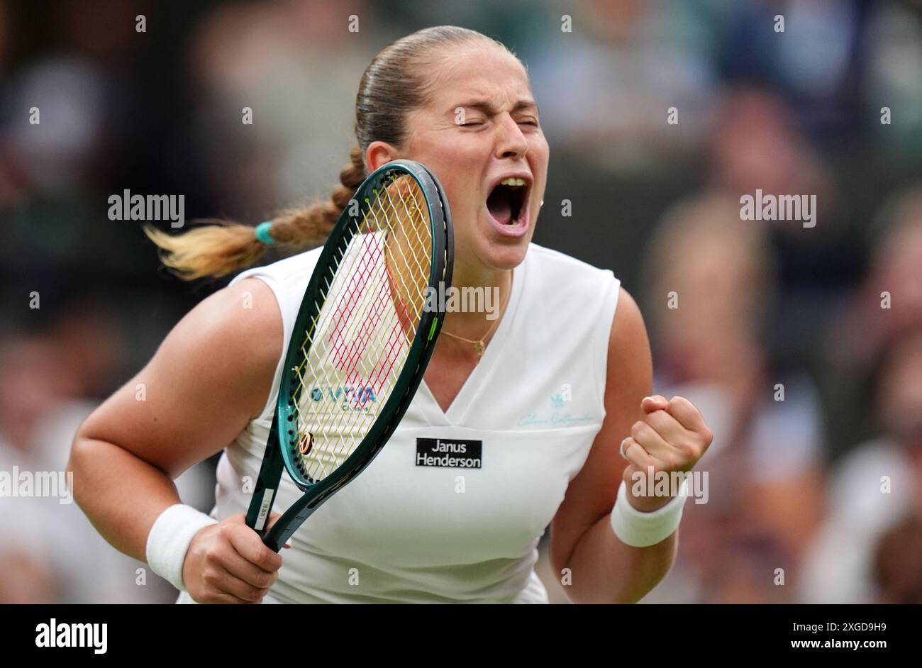 Jelena Ostapenko celebrates after victory over Yulia Putintseva (not pictured) on day eight of the 2024 Wimbledon Championships at the All England Lawn Tennis and Croquet Club, London. Picture date: Monday July 8, 2024. Stock Photo