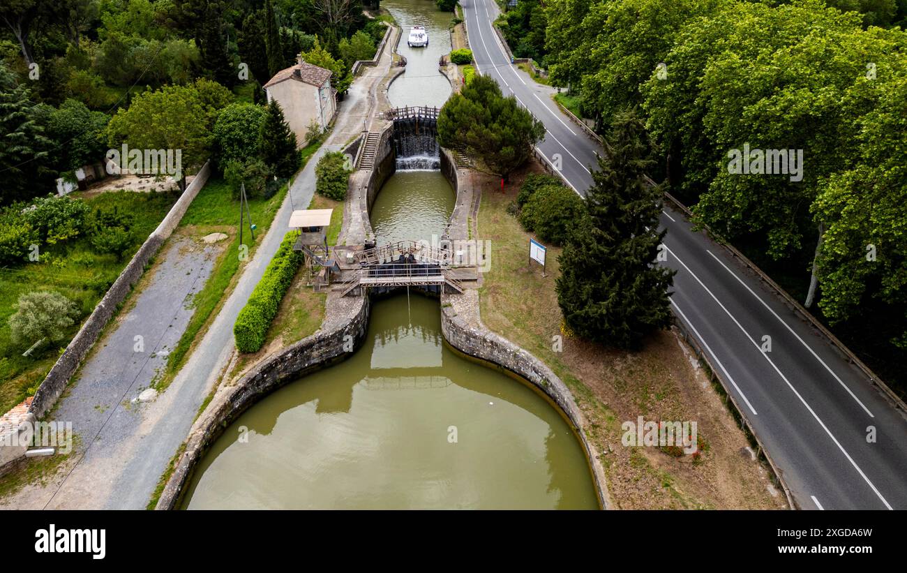 Aerial of the Canal du Midi near Carcassonne, UNESCO World Heritage Site, Aude, Occitania, France, Europe Stock Photo