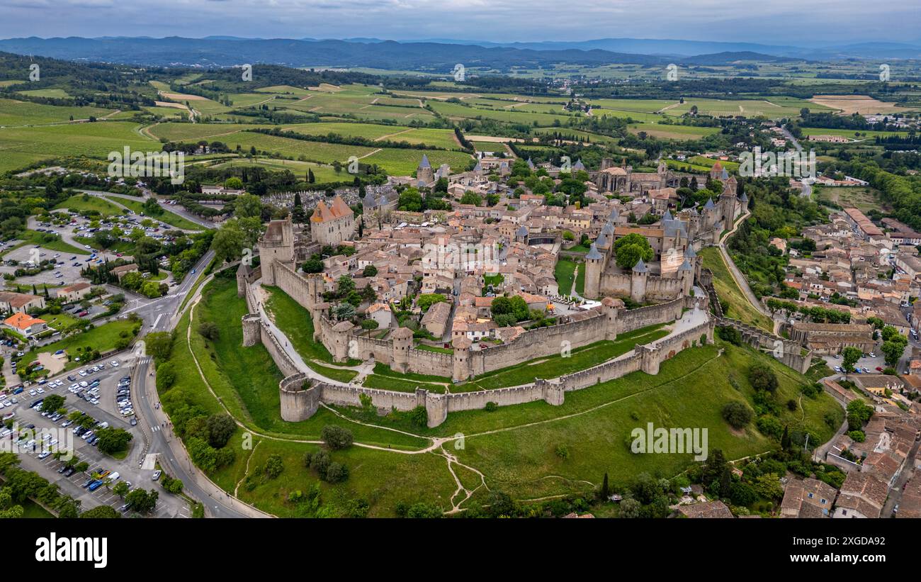 Aerial of the Cite de Carcassonne citadel, UNESCO World Heritage Site ...