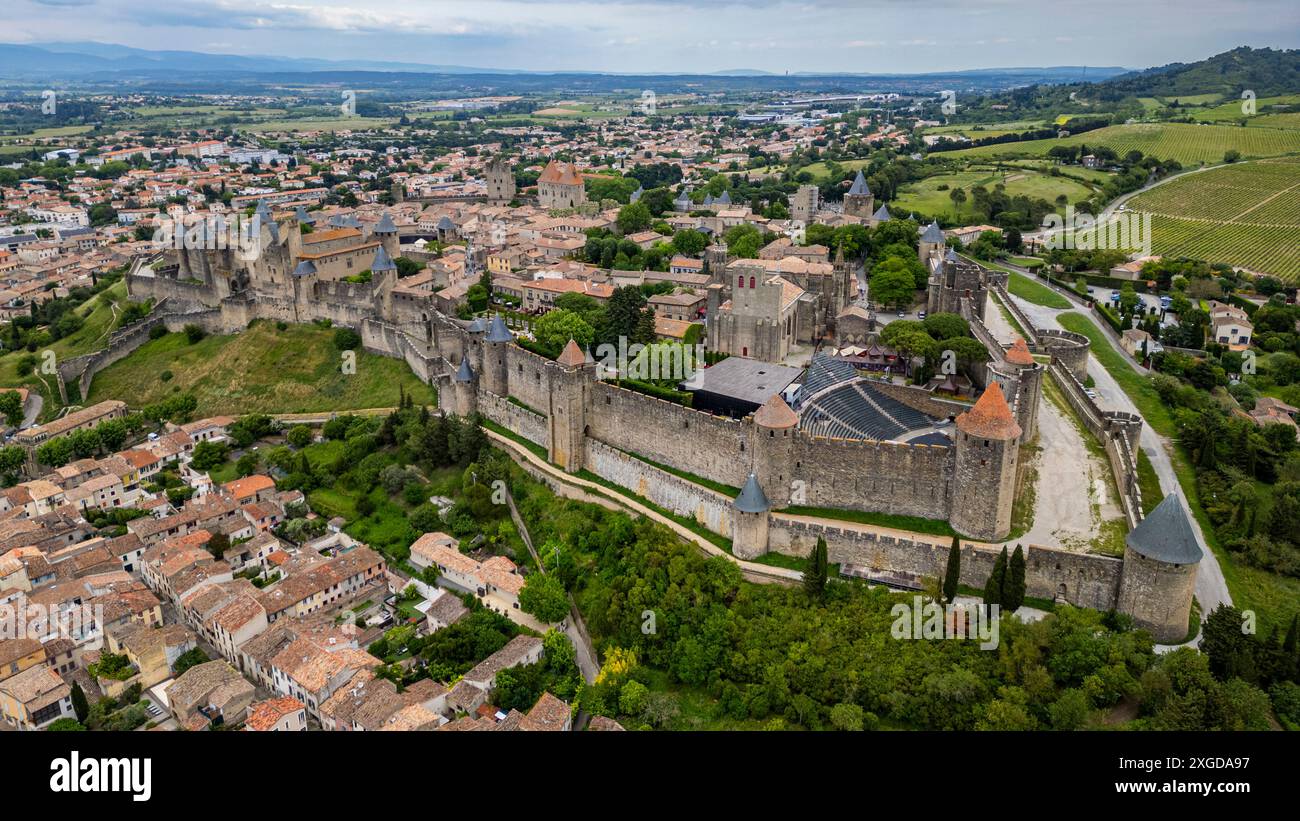 Aerial of the Cite de Carcassonne citadel, UNESCO World Heritage Site ...
