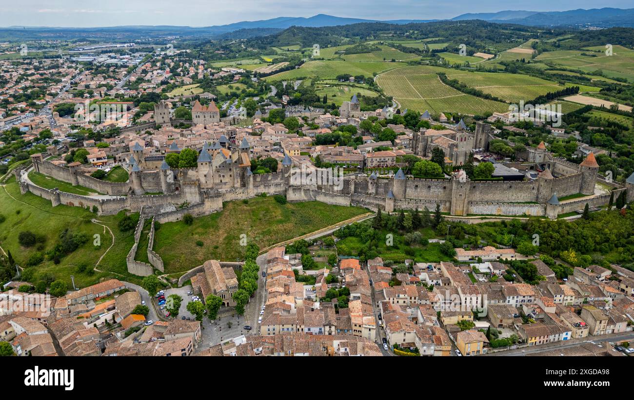 Aerial of the Cite de Carcassonne citadel, UNESCO World Heritage Site ...