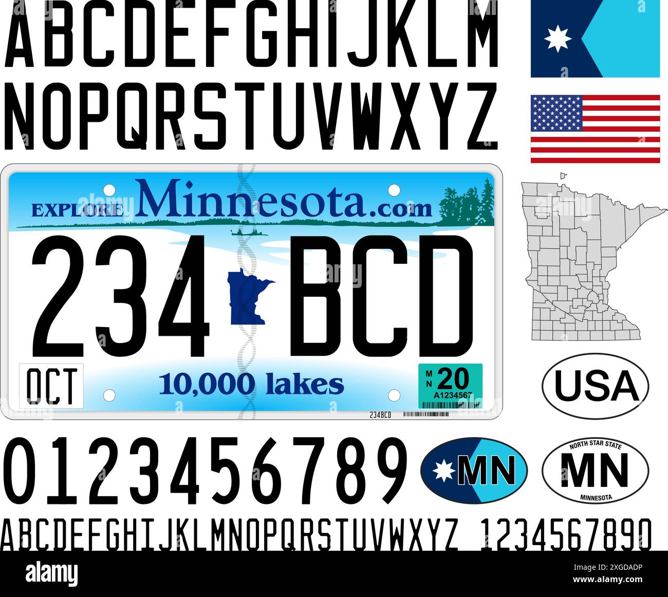 Minnesota car license plate letters - Minnesota Car License Plate Letters Numbers And Symbols Vector Illustration Usa United States 2XGDADP 