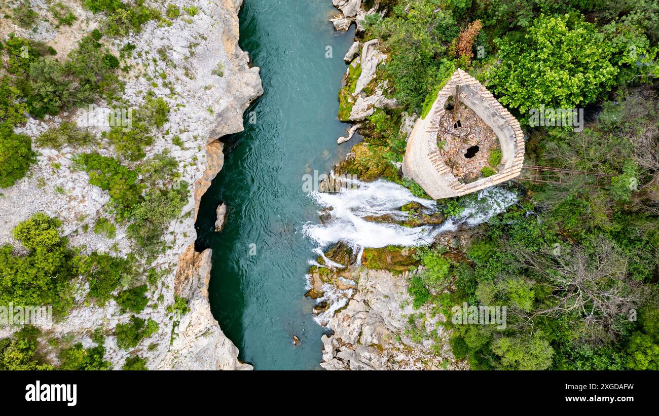 Aerial of an old watchtower in the Herault gorge, UNESCO World Heritage Site, Causses and Cevennes, Herault, Occitanie, France, Europe Stock Photo