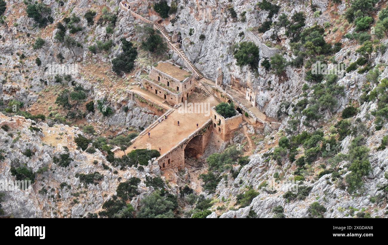 Aerial view of Katholikon Monastery, Katholikon Gorge, Chania, Crete, Greek Islands, Greece, Europe Stock Photo