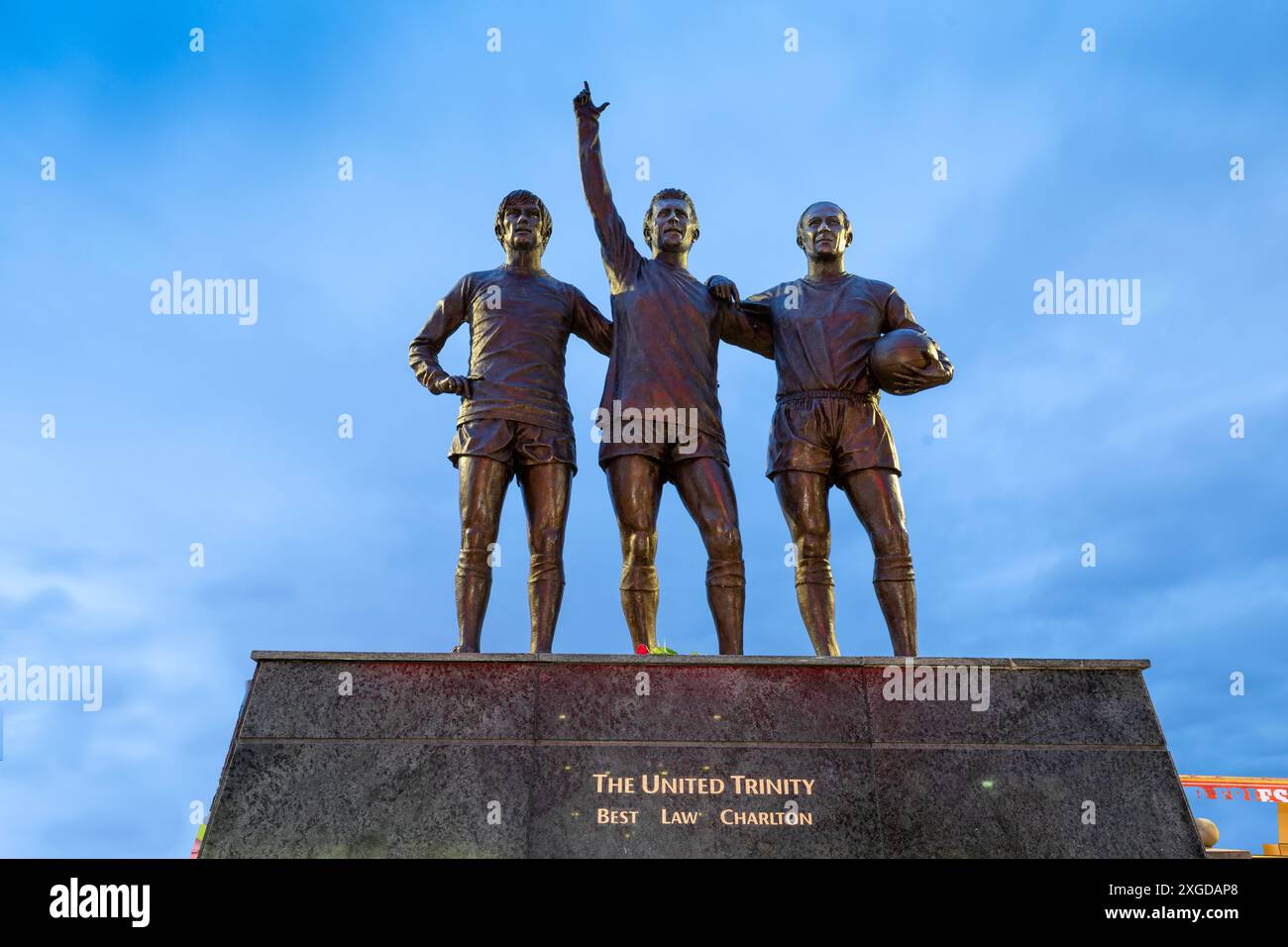 The United Trinity, George Best, Denis Law, Bobby Charlton, Old Trafford, Statue, Manchester United, Greater Manchester, England, United Kingdom, Euro Stock Photo