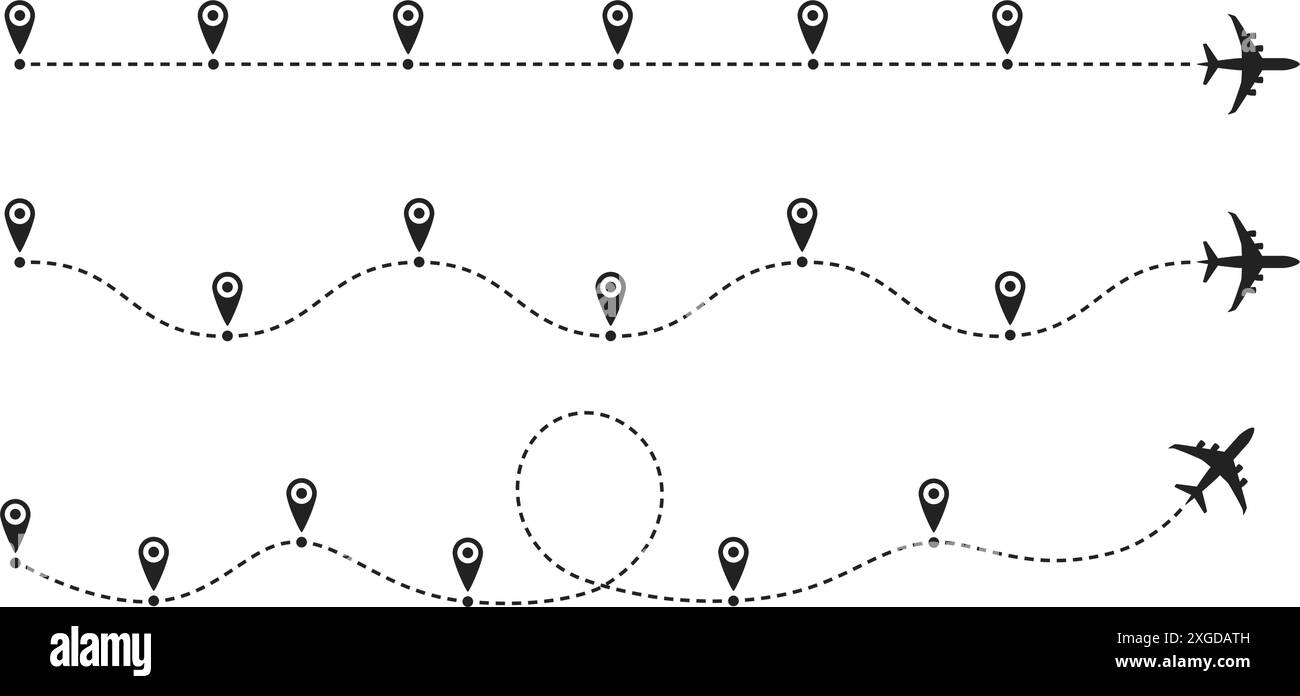 Timeline Plane Route Flight Paths With Dashed Line And Airplane Icons Timeline Plane Route Flight Paths With Dashed Line And Airplane Icons