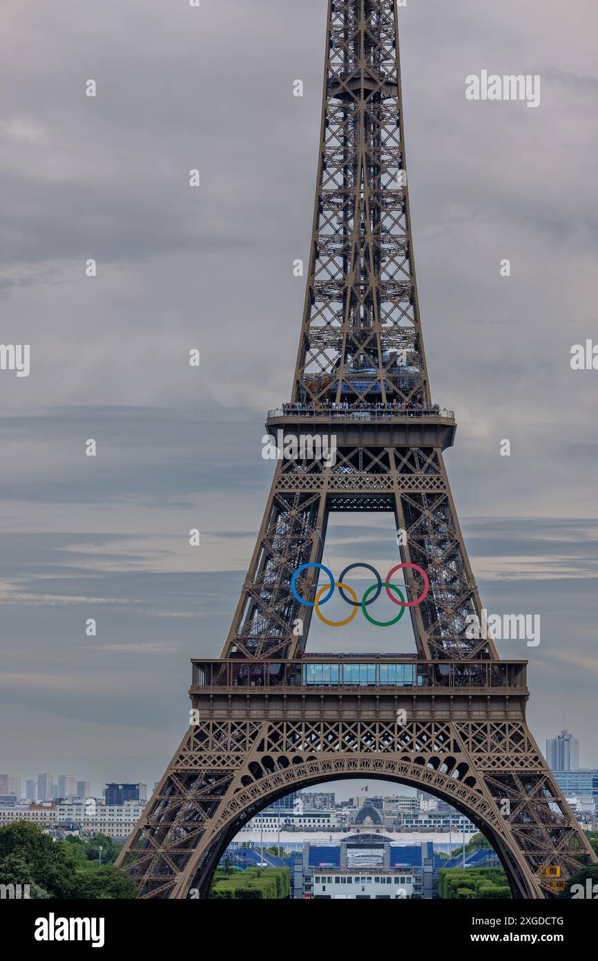 Paris, France - July 5, 2024 : Close up view of the Olympic rings on the Eiffel Tower in Paris France Stock Photo