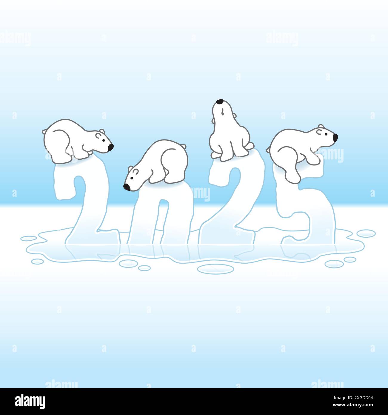 Four Cute Polar Bears Balancing on Melting New Year 2025 Ice Sculpture with reflections sinking