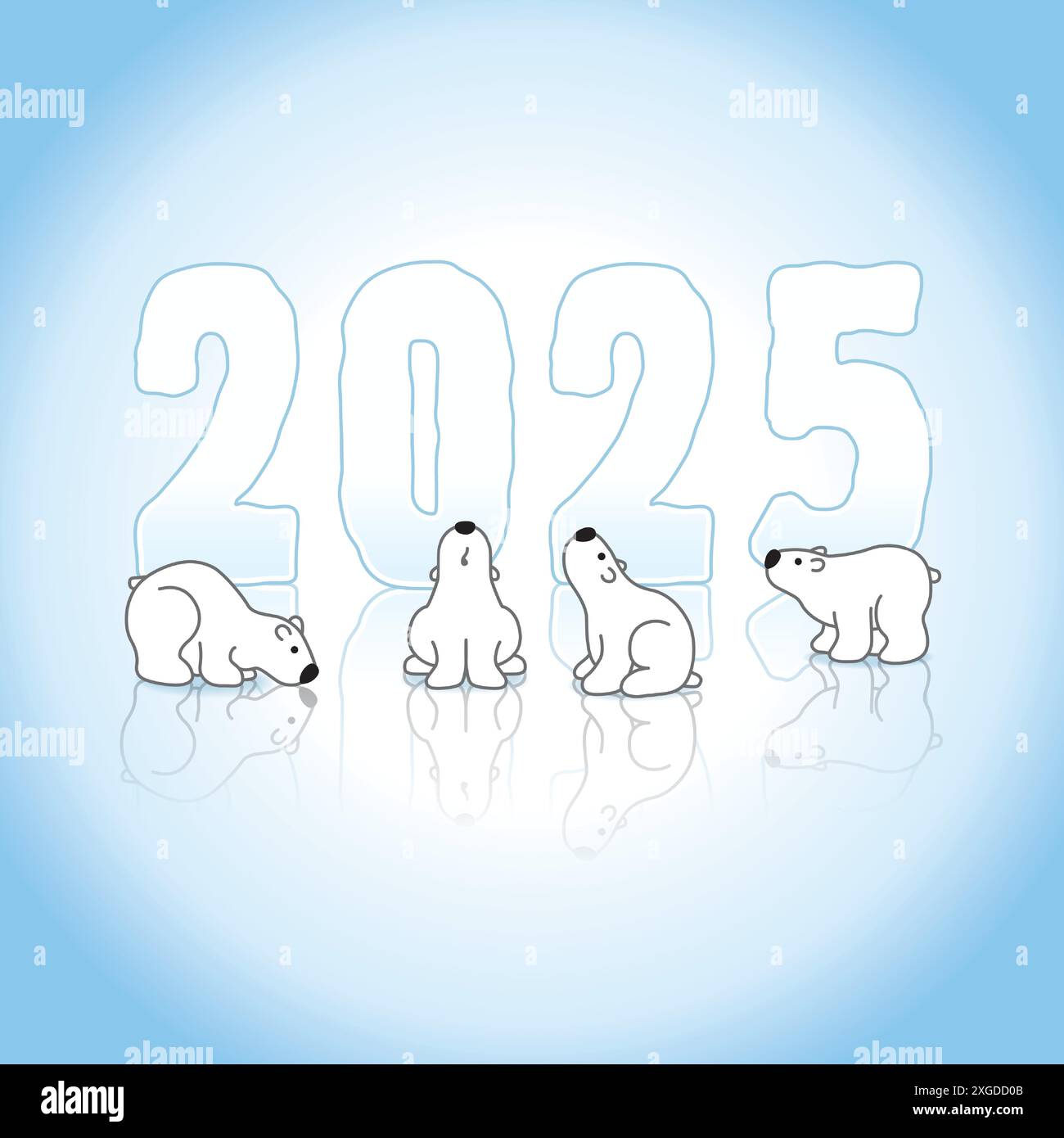 Four Polar Bears in front of Frozen New Year 2025 Ice Sculpture with Reflections on cold Blue