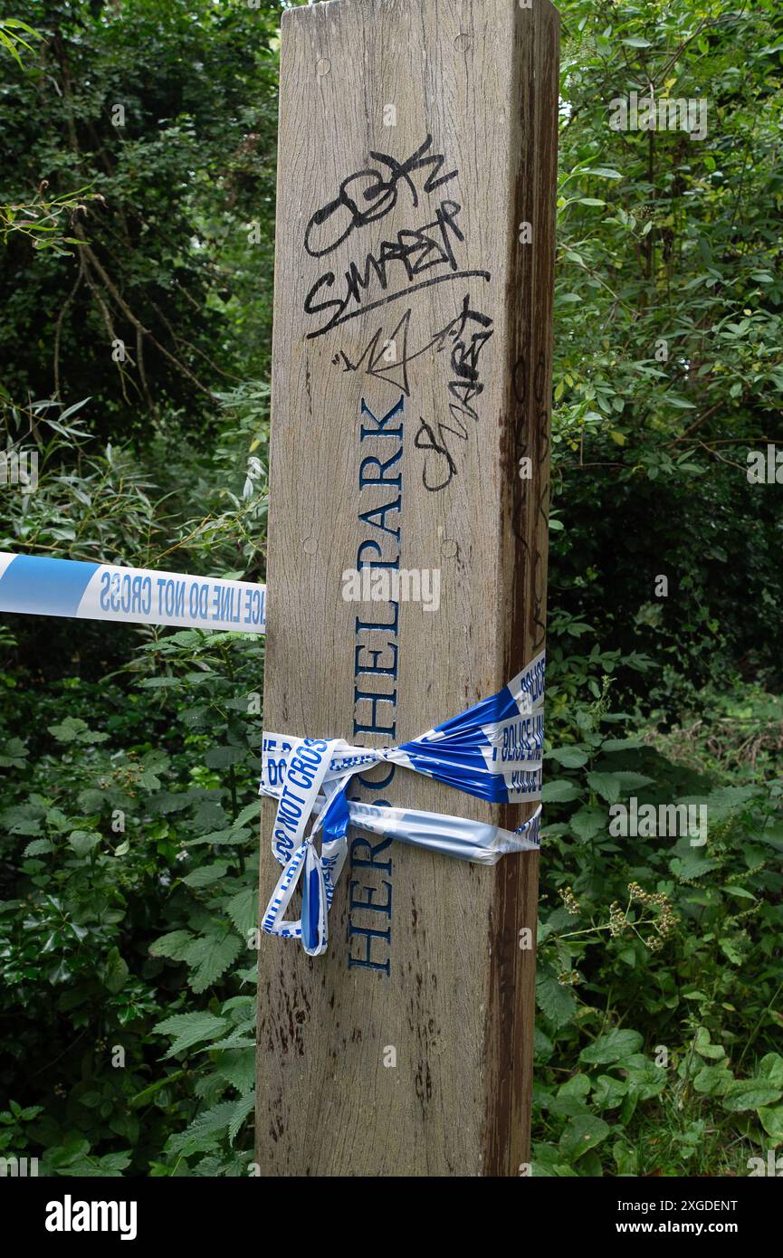 Slough, UK. 8th July, 2024 Thames Valley Police have cordoned off part of Herschel Park off the Datchet Road in Slough, Berkshire. At around 1.04pm yesterday officers attended Herschel Park, following a report from the public. Officers attended the scene and found the remains of a person. An investigation is ongoing into the death, which is currently being treated as unexplained. Credit: Maureen McLean/Alamy Live News Stock Photo