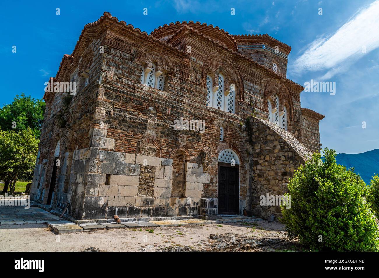 A side view of the preserved Monastery of Saint Nicholas in Mesopotam, Albania in the morning in summertime Stock Photo