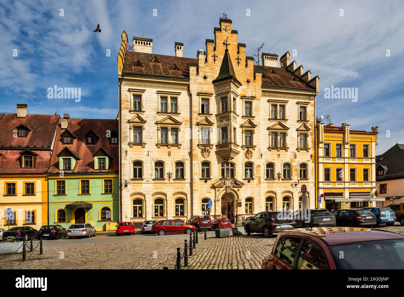 Main square in city Loket with ancient building, picturesque cultural monument in travel destination. Czech republic. Stock Photo