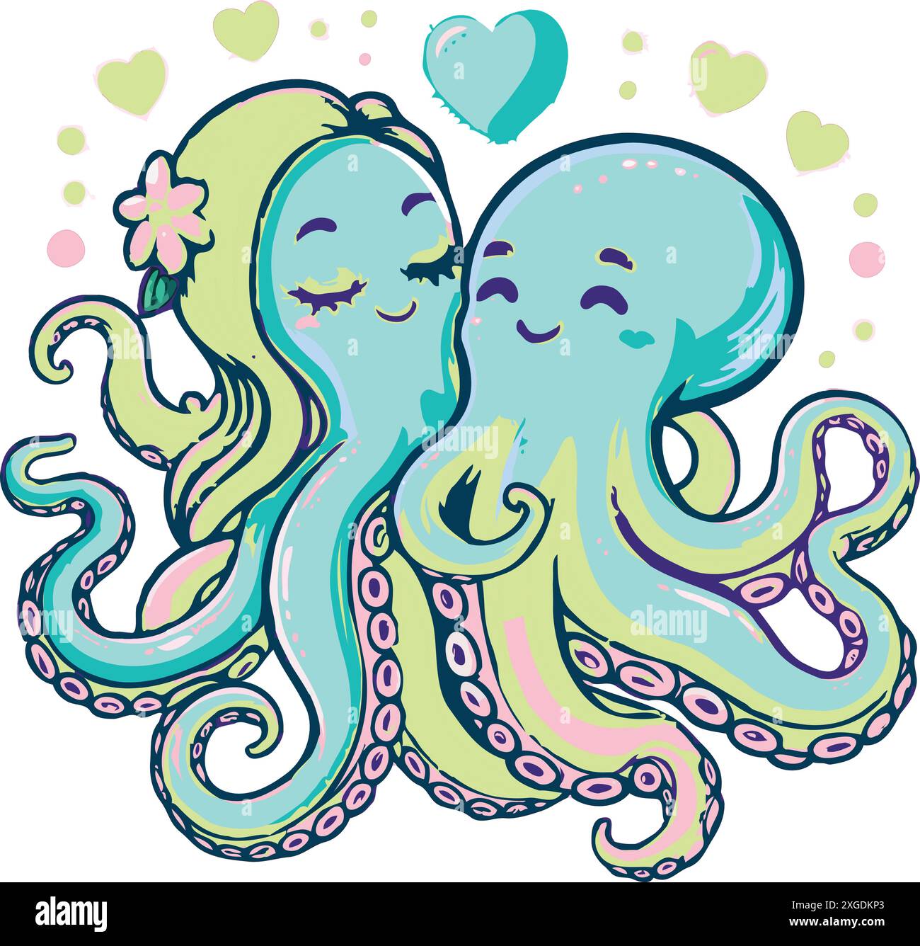 Cute couple of octopuses with heart. Valentines card with funny ...