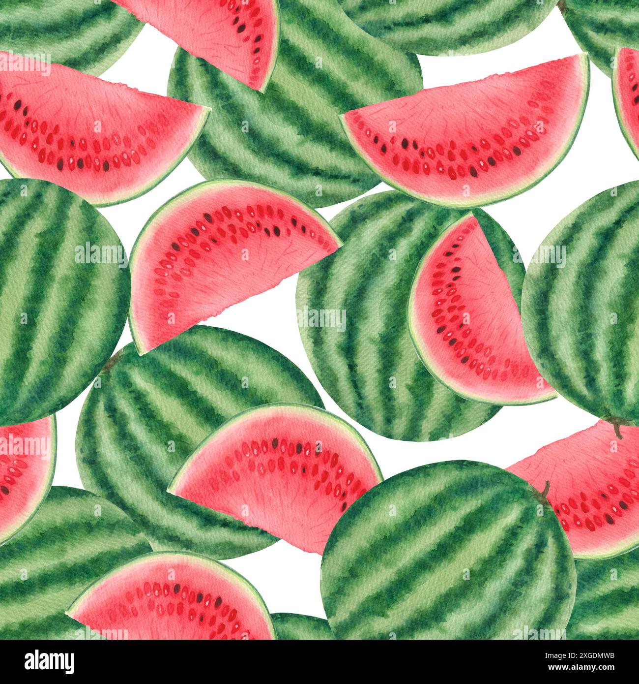 Watermelon whole, juicy slice with a few seeds. Watercolor seamless ...