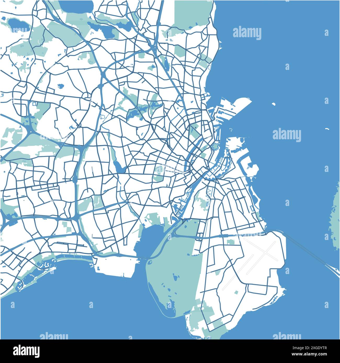 Map of Copenhagen in Denmark in blue style. Contains layered vector ...