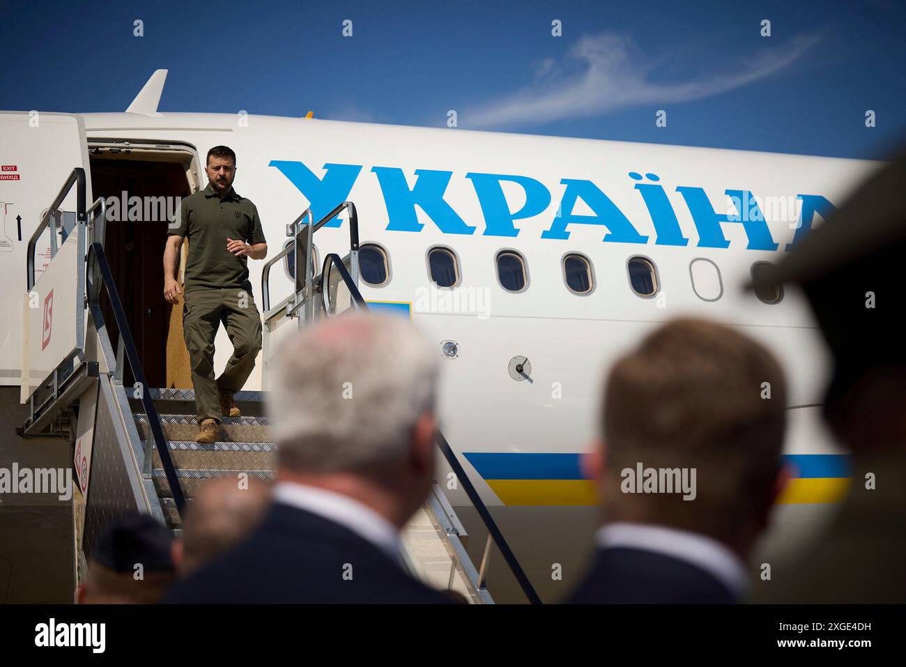 Warsaw, Poland. 08th July, 2024. Ukrainian President Volodymyr Zelenskyy deplanes on arrival to Warsaw Chopin Airport, July 8, 2024 in Warsaw, Poland. Credit: Ukraine Presidency/Ukrainian Presidential Press Office/Alamy Live News Stock Photo